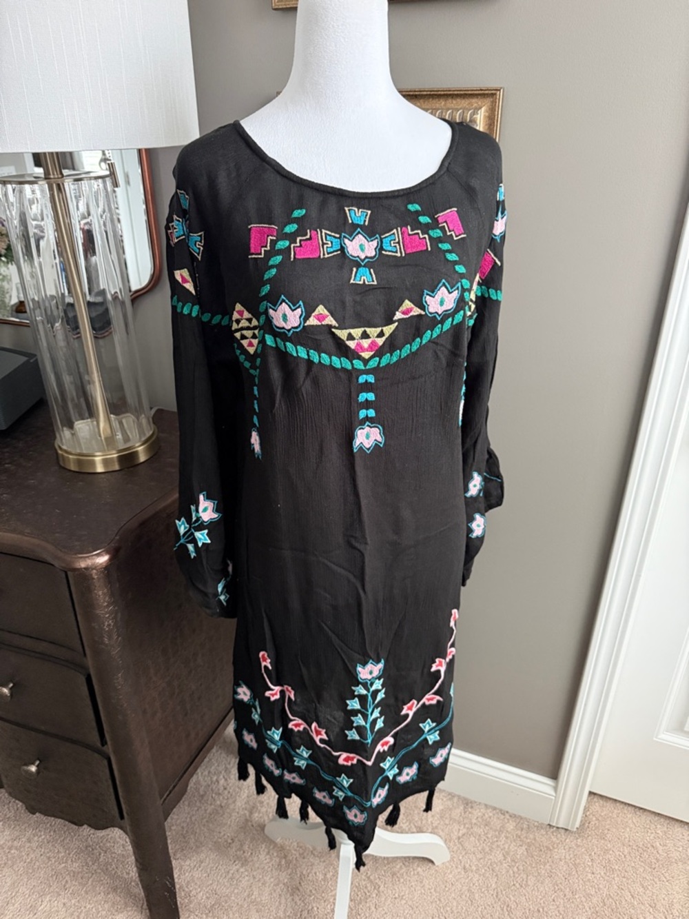 Sundance Embroidered Black Boho Shift Dress beach cover up